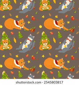 Funny, cute cats celebrating Christmas and New Year. Background of kittens playing with Christmas tree decorations. Vector seamless pattern for holiday print on fabric, wrapping