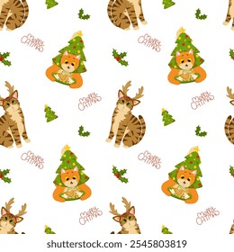 Funny, cute cats celebrating Christmas and New Year. Background of kittens playing with Christmas decorations and ornaments. Vector seamless pattern for holiday print on fabric, wrapping. Merry Catmas