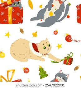 Funny, cute cats celebrating Christmas and New Year seamless pattern. Background of kittens playing with Christmas decorations and ornaments. Vector flat design for holiday print on fabric, wrapping