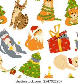 Funny, cute cats celebrating Christmas and New Year seamless pattern. Background of kittens wearing Christmas costumes. Vector cartoon flat design for holiday print on fabric, wrapping