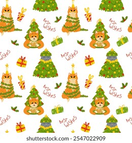 Funny, cute cats celebrating Christmas and New Year seamless pattern. Background of kittens playing with Christmas decorations. Vector flat design for holiday print on fabric, wrapping. Best Wishes