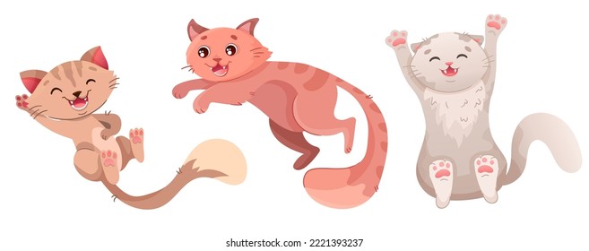 Funny and cute cats in different poses. Playing, flying kitty characters. Animal set collection of different cat breeds for printing, poster or t-shirt design. Vector cartoon illustration