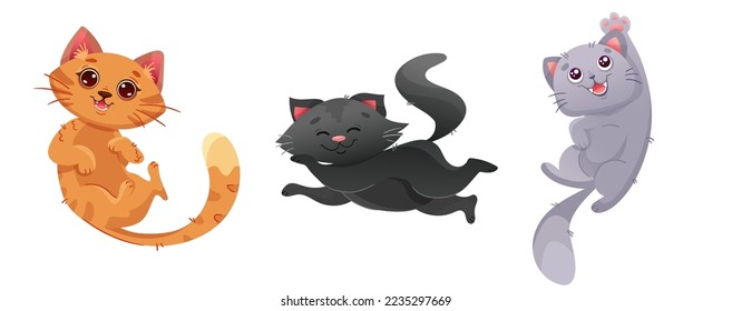 Funny and cute cats in different poses. Playing, flying kitty characters. Animal set collection of different cat breeds for printing, poster or t-shirt design. Vector cartoon illustration