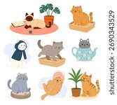 Funny cute cats set with cozy autumn home vibes, minimalist vector design showing different pet activities and moods. Cats set perfect for cards, posters, stickers, and warm lifestyle projects.