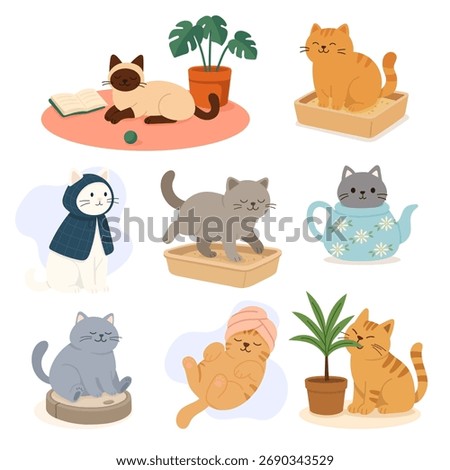 Funny cute cats set with cozy autumn home vibes, minimalist vector design showing different pet activities and moods. Cats set perfect for cards, posters, stickers, and warm lifestyle projects.