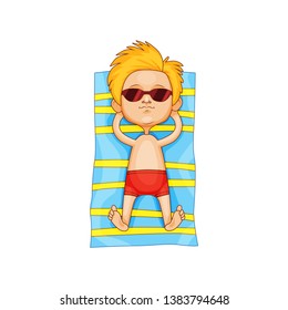 Funny cute character. Boy on the beach sunbathing.