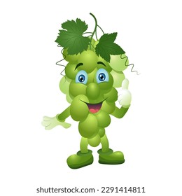 Funny cute character green table grapes. Vector illustration realistic style white background.