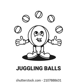 Funny cute character juggling with  balls logo line mascot isolated on white background. Cheerful circus or street actor. Rubber hose cartoon design. Trendy vector illustration for printing.