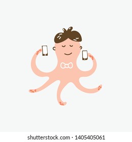 Funny cute character pink octopus talking on several phones