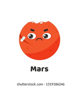 Funny Cute Character Planet Angry Mars. Colorful Cartoon Style Solar System Planets Illustration for Kids Education Book