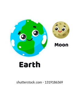 Funny Cute Character Planet Earth and Moon. Colorful Cartoon Style Solar System Planets Illustration for Kids Education Book