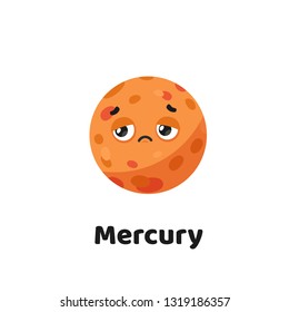 Funny Cute Character Planet Mercury. Colorful Cartoon Style Solar System Planets Illustration for Kids Education Book