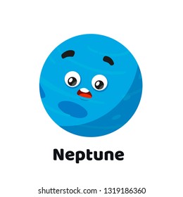 Funny Cute Character Planet Neptune. Colorful Cartoon Style Solar System Planets Illustration for Kids Education Book