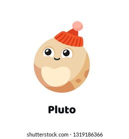 Funny Cute Character Planet Pluto in a Winter Cap. Colorful Cartoon Style Solar System Planets Illustration for Kids Education Book