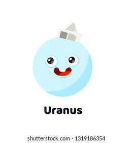 Funny Cute Character Planet Uranus in a Paper Cap. Colorful Cartoon Style Solar System Planets Illustration for Kids Education Book