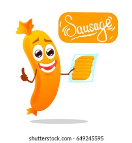 Funny cute character of sausage with many sausage in hand, vector illustration isolated on white background with logo, cartoon style