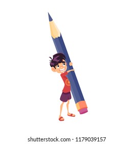Funny and cute character of school boy with big pancil, vector flat illustration isolated on white background, cartoon character