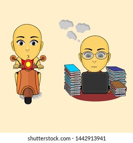 funny and cute characters, illustrations of children learning and riding motorcycle
