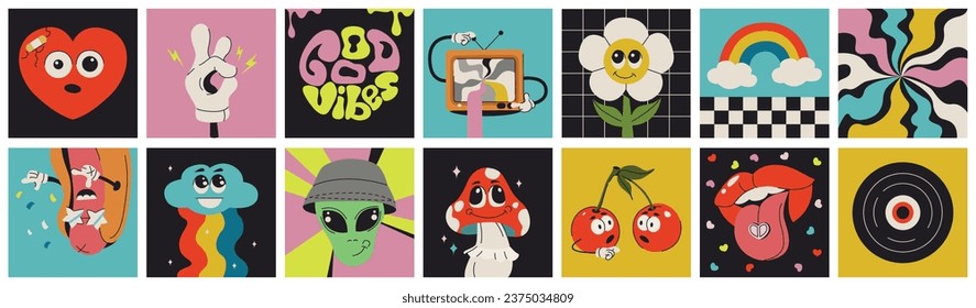 Funny cute characters, square posters in trendy retro style. Psychedelic comic faces with smile. Stickers of heart, flower, cherry, mushroom, mouth, ok gesture and rainbow. Abstract doodle patterns.