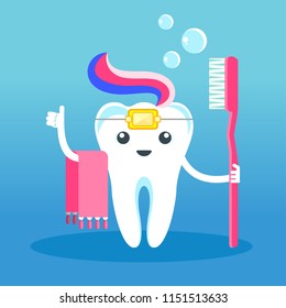 Funny cute characters tooth in braces with toothpaste and toothbrush. Pediatric dentistry, oral care, hygiene and health. Flat vector cartoon illustration.