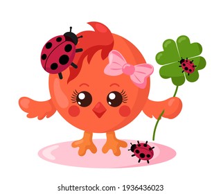 Funny cute chick with round body and ladybugs holding four-leaf good luck clover in flat design with shadows. Isolated animal vector illustration	