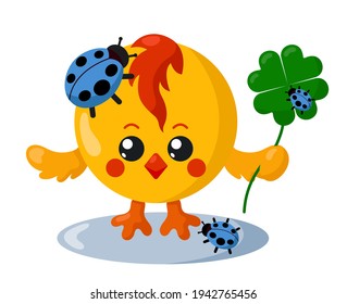 Funny cute chick with round body and ladybugs holding four-leaf good luck clover in flat design with shadows. Isolated animal vector illustration	