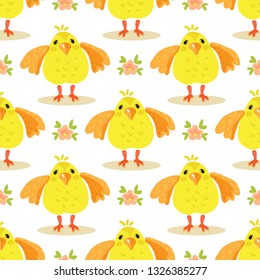 Funny cute chickens on white background. Seamless pattern. Easter vector Illustration. Design element for fabric, wallpaper or gift wrap.