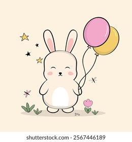 funny, cute, child, cartoon, card, bunny, balloons, art, animal