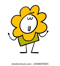 Funny cute child is playing in the school theater on stage. Vector illustration of a stickman in a flower costume with yellow petals. Isolated cartoon character on white background.