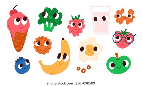 Funny cute childish food characters. Vector illustration set for kids menu. 