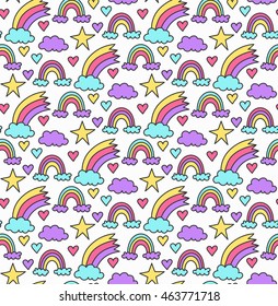 Funny cute childish seamless vector pattern with clouds sky rainbow and hearts