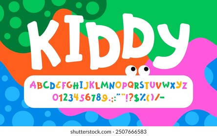 Divertida fuente linda de los niños, tipo infantil, juego tipografía de Vector de tipografía. Letras y números del alfabeto del cómic de la historieta, fuente linda en fondo colorido divertido. Educación infantil inglés abc set