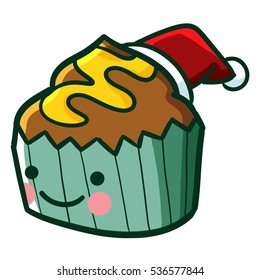 Funny and cute chocolate cupcake wearing santa's hat for christmas - vector.
