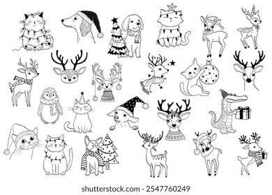 Funny and Cute Christmas Animals Set. Black and White Hand-Drawn Illustrations with Dogs, Cats, Deer, and Polar Bear