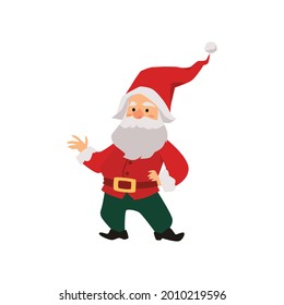Funny cute Christmas dwarf or gnome in Santas costume and hat, flat vector illustration isolated on white background. Christmas winter dwarf or elf male character.