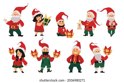 Funny cute Christmas dwarfs or gnomes cartoon male and female characters in Santas hats, flat vector illustration isolated on white background. Fantasy dwarfs collection.