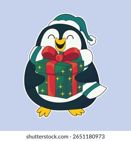 Funny cute Christmas penguin sticker illustration holding a decorated gift box with Santa hat and scarf, perfect for holiday greeting cards, festive decorations, winter designs, and joyful creative