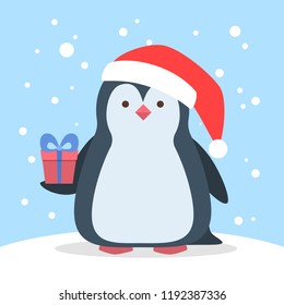 Funny cute christmas penguing in santa hat holding gift box. Merry christmas and a happy New Year celebration. Winter holiday. Flat vector illustration