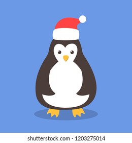 Funny cute christmas penguing in santa hat. Merry christmas and a happy New Year celebration. Winter holiday. Flat vector illustration