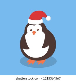 Funny cute christmas penguing in santa hat. Merry christmas and a happy New Year celebration. Winter holiday. Flat vector illustration