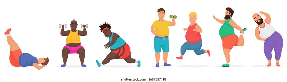 Funny cute chubby fat man characters set doing gym workout exercises. Sport fitness big people vector illustration