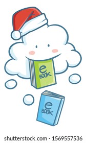 Funny and cute cloud character sharing ebook wearing Santa's hat for christmas
