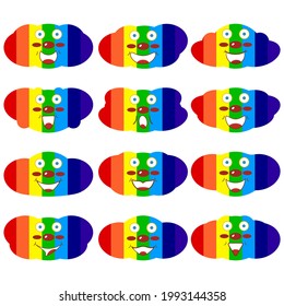 Funny сheerful cute clouds with a rainbow pattern inside in cartoon style. Template for printing on soft and wooden kids toys, pillows, Montessori busy board elements and other ideas. Vector drawing.