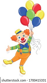 Funny and cute clown flies on balloons