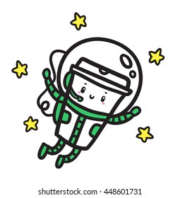 Funny cute coffee cup astronaut character in the space