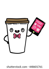 Funny cute coffee cup character with tablet