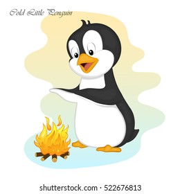 Funny and cute cold little penguinmake a fire. Merry Christmas and Happy New year card. Christmas card in cartoon style. Vector illustration