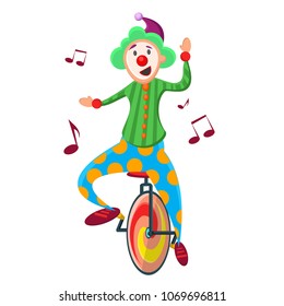 Funny, cute colorful clown with green hair, red nose, purple hat with hat, pants in an orange circle, green shirt in a dark green strip. Clown laughs and waves his hands on a single-wheeler bike