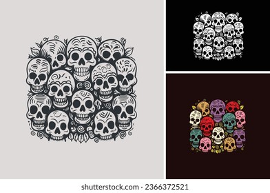 Funny Cute Colorful Doodle Art Candy Sugar Skull Arrangement for Halloween or Day of The Dead Theme Illustration Logo Design