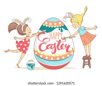 Funny cute colorful greeting Happy Easter card with girls and white easter bunny painting Easter egg. Doodle outline thin line style vector illustration on white background